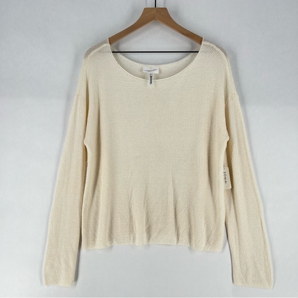 Soma WKND Intimates Eco Yarn Boatneck Long‎ Sleeve Ivory Sweater Open Knit Soft - Picture 2 of 12